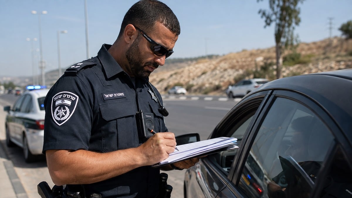 שוטר משטרת ישראל רושם דוח תנועה לנהג בצד הדרך