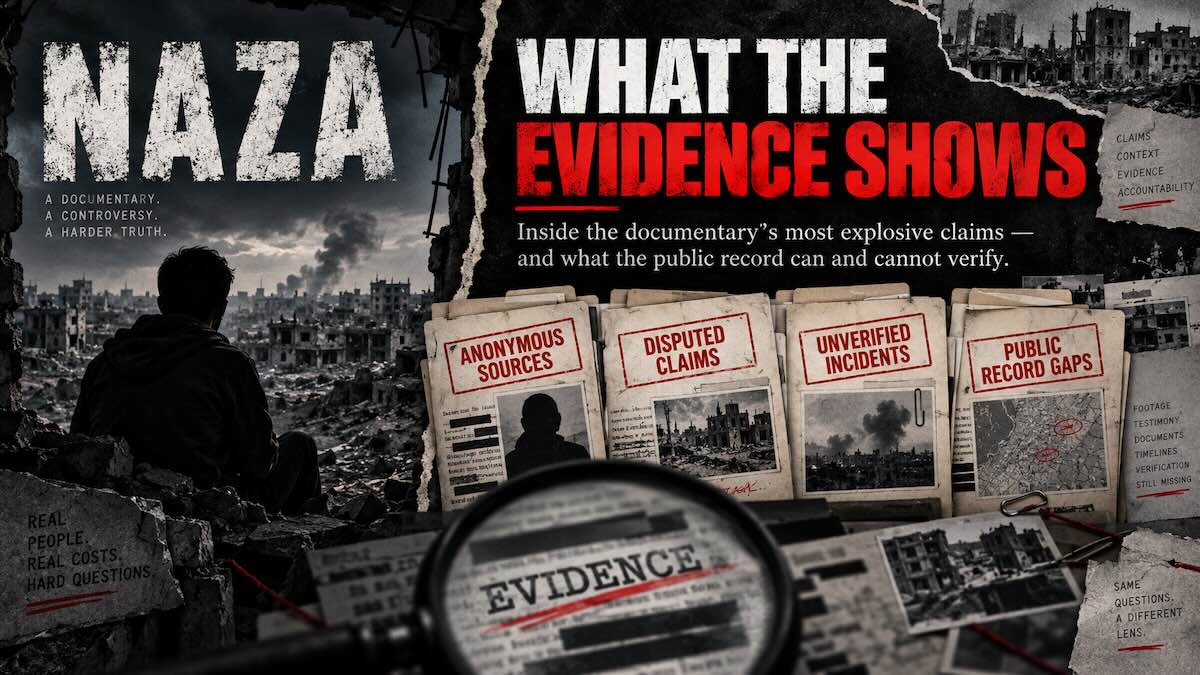 NAZA documentary fact check graphic examining anonymous sources, disputed claims and gaps in publicly verifiable evidence