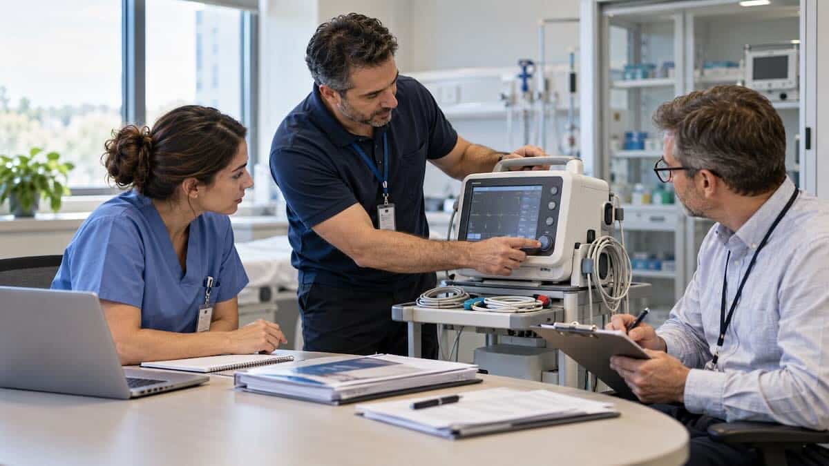 צוות במוסד רפואי בוחן מכשיר רפואי לצד מסמכי רכש והפעלה