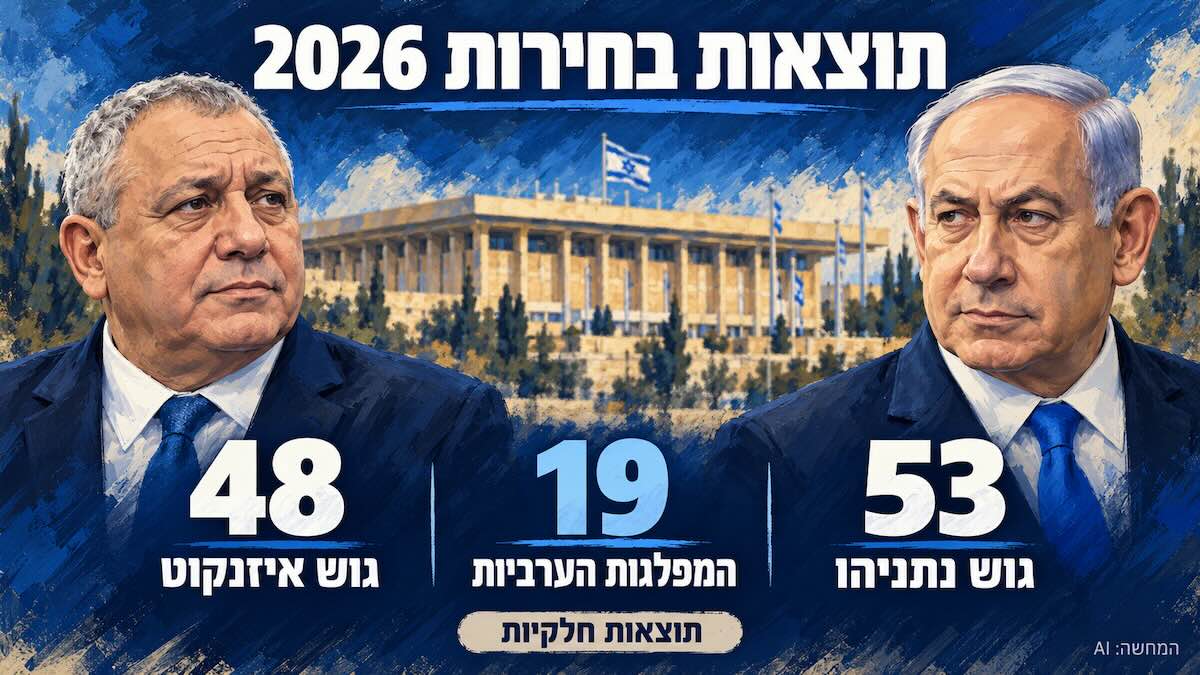 תוצאות בחירות 2026: 53 לגוש נתניהו, 48 לאיזנקוט ו־19 למפלגות הערביות